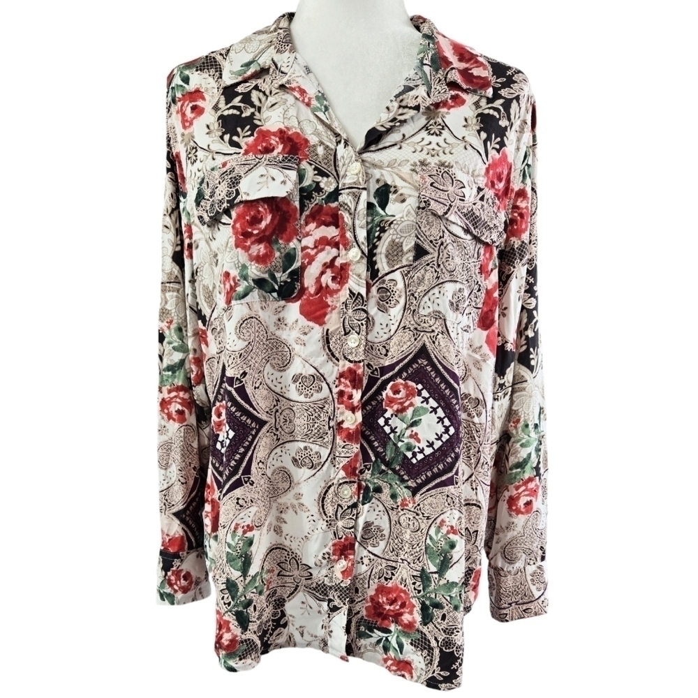 Chico's Modal Blend Silky Soft Floral Paisley Button-Up Shirt Pockets Maximalist